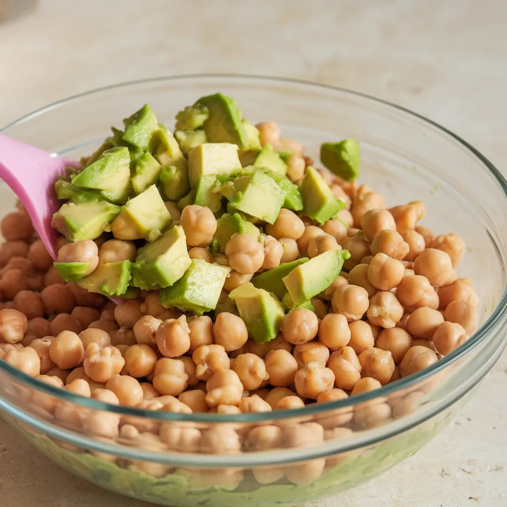 Mixing avocado and chickpeas for salad
