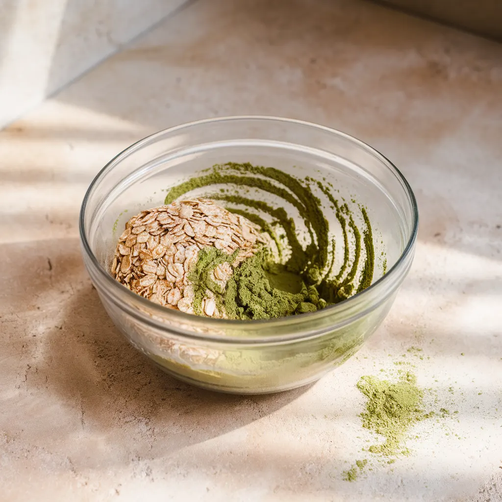 Mixing oats and matcha for protein bites