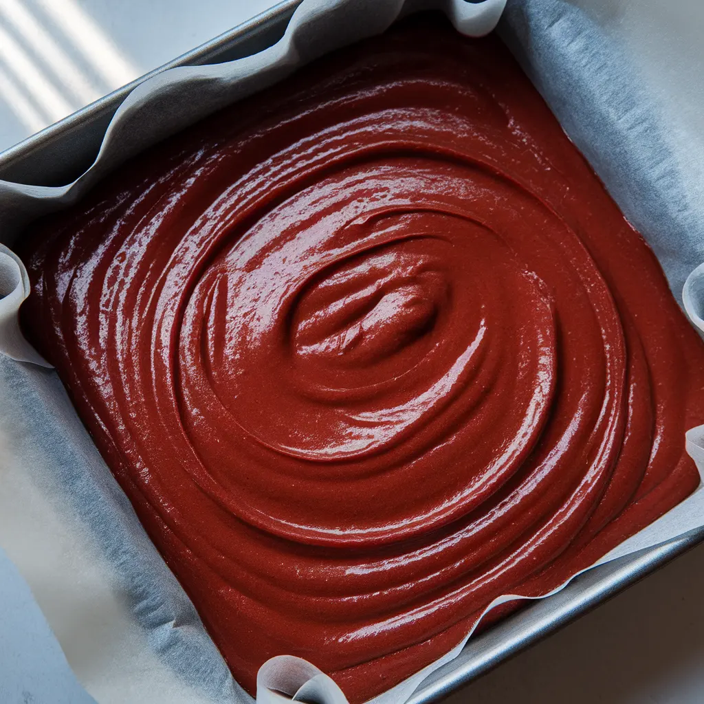 Unbaked red velvet brownies in pan