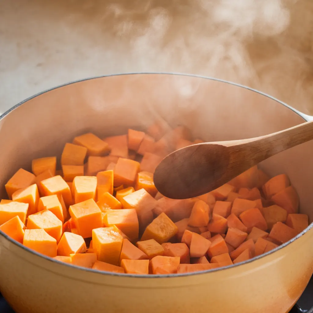 sauting-butternut-squash-sweet-potatoes Butternut squash and sweet potatoes sautéing in a pot for homemade soup