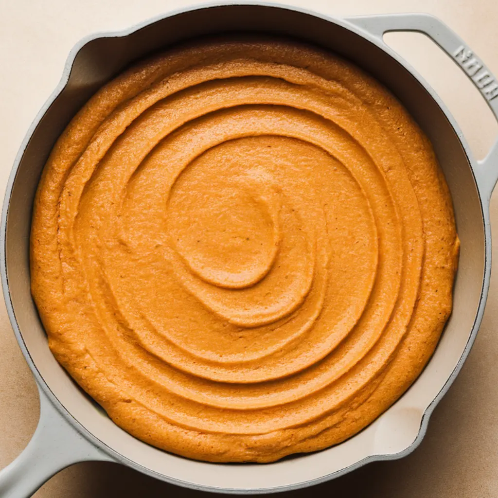 Sweet potato cornbread batter in skillet before baking