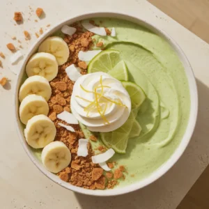 Creamy coconut key lime pie smoothie with whipped coconut cream and lime zest in glass.