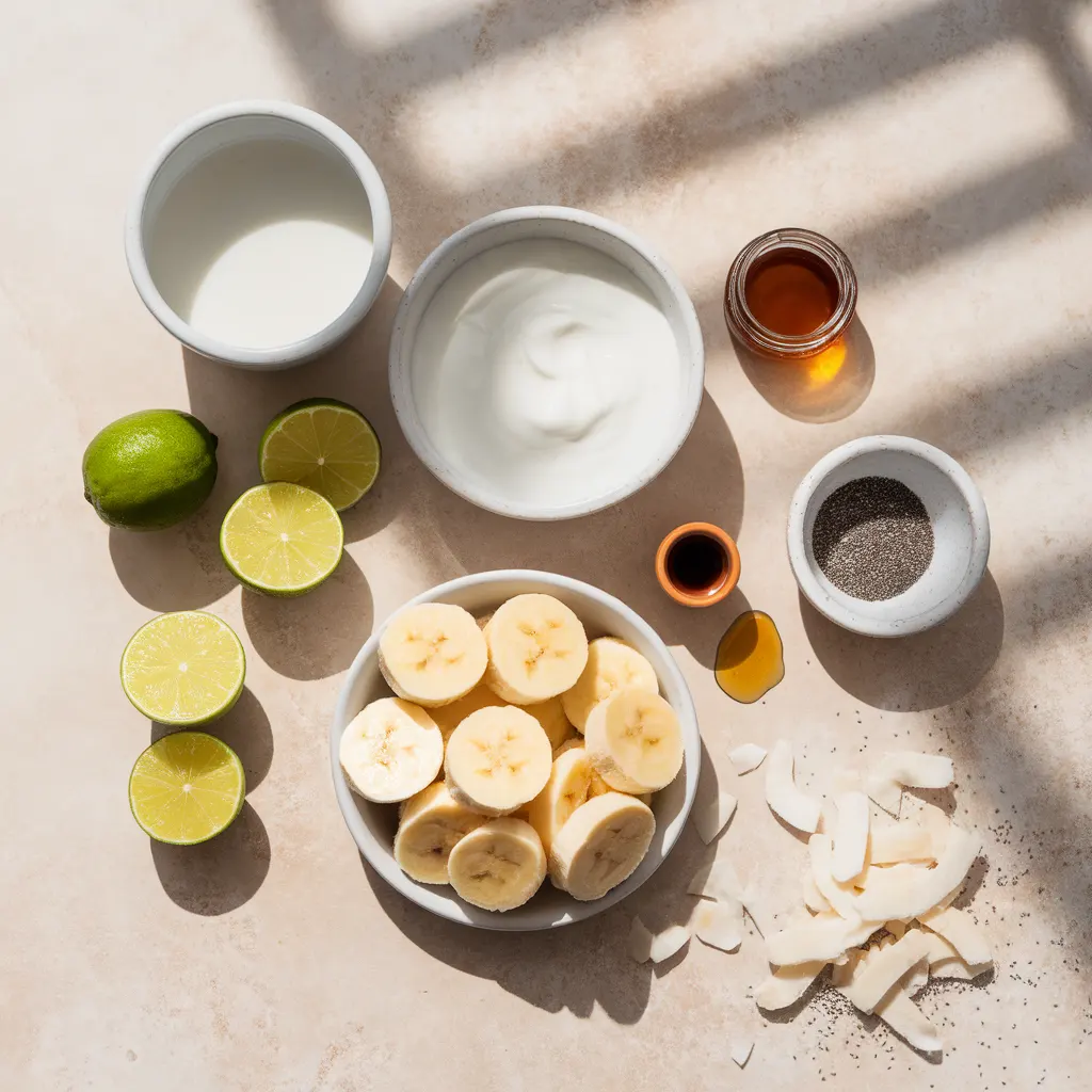 coconut-key-lime-smoothie-ingredients Coconut milk, Greek yogurt, frozen banana and fresh limes for smoothie recipe.