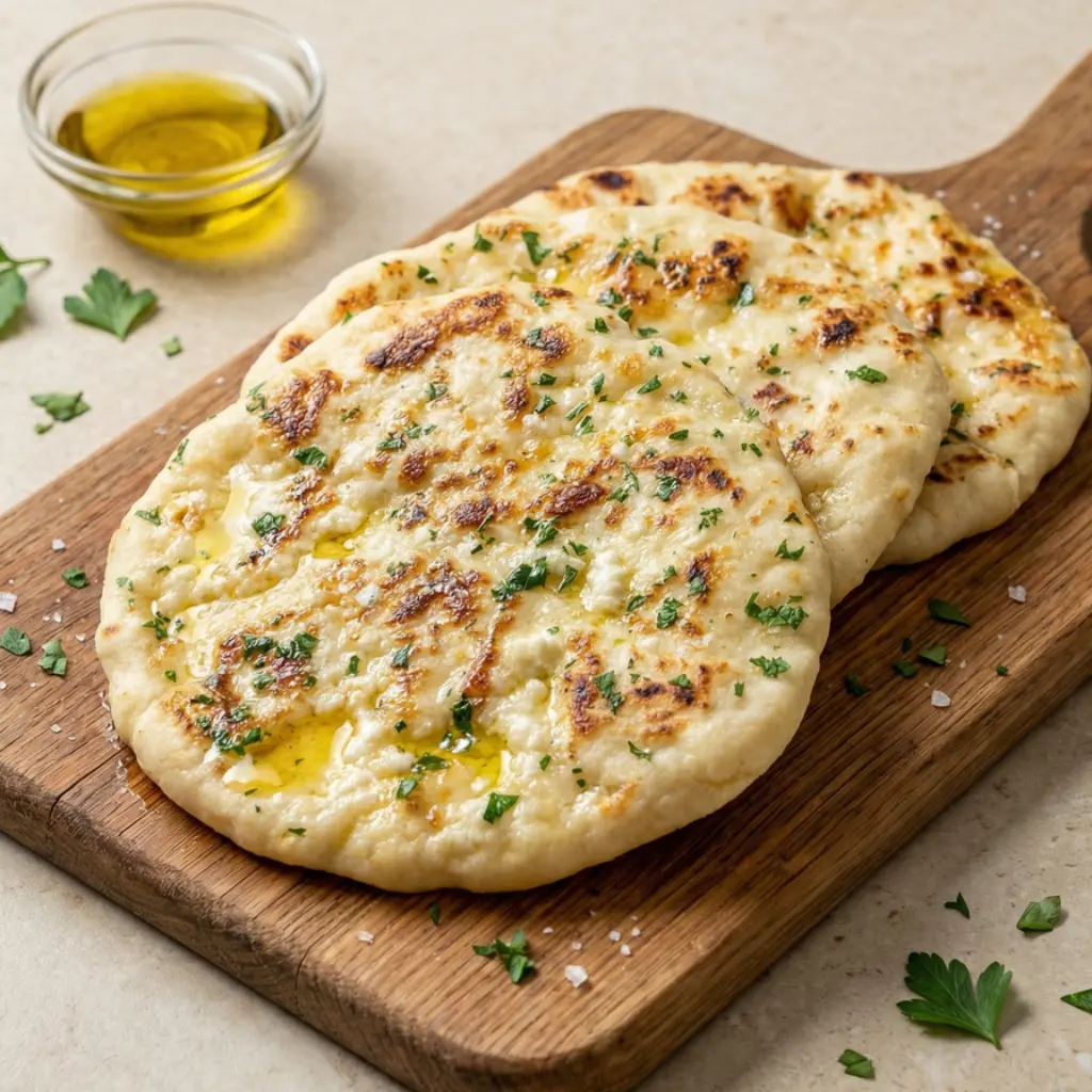 Cottage cheese flatbread stacked with olive oil and herbs.
