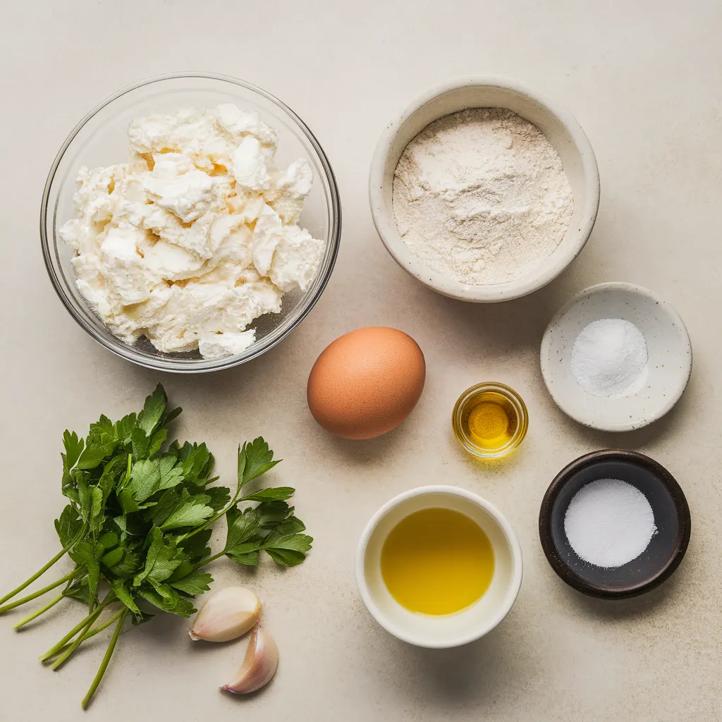 cottage-cheese-flatbread-ingredients Ingredients for cottage cheese flatbread including cottage cheese flour egg and herbs