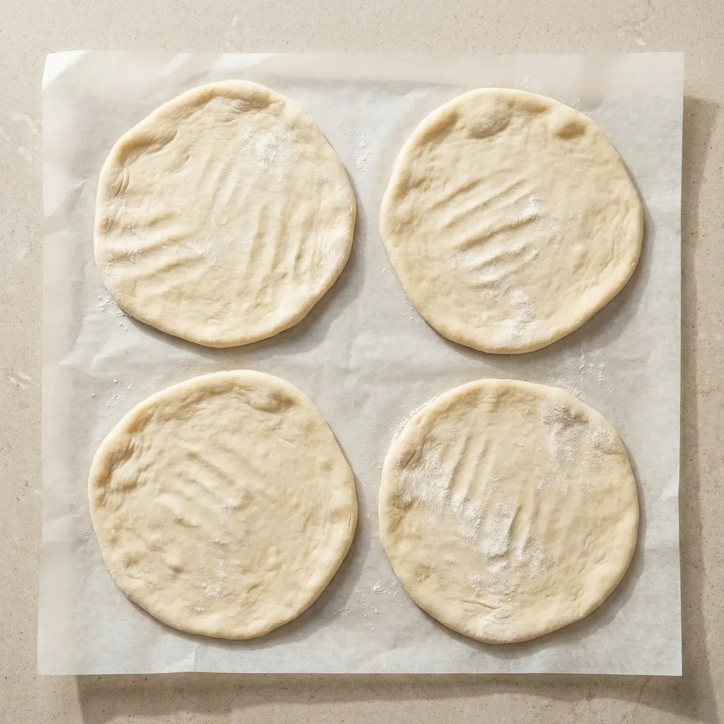 cottage-cheese-flatbread-shaped Soft cottage cheese flatbread dough patted flat with no raised edges