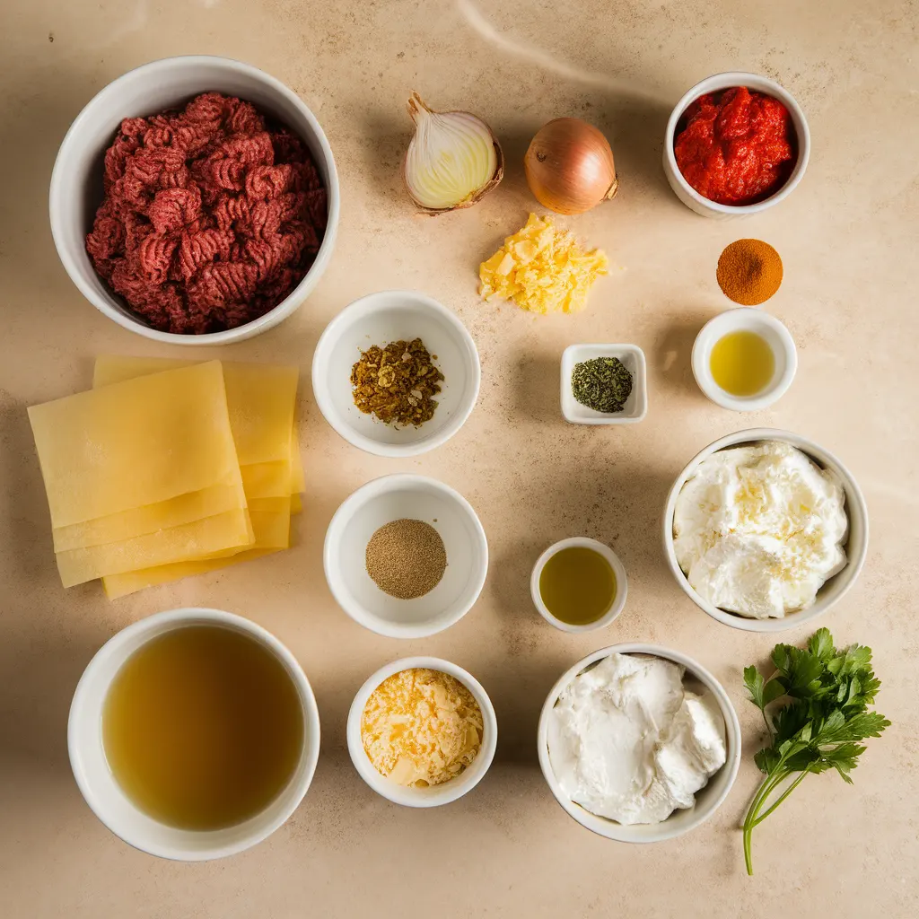 dumpling-lasagna-ingredients-flat-lay Ingredients for homemade dumpling lasagna