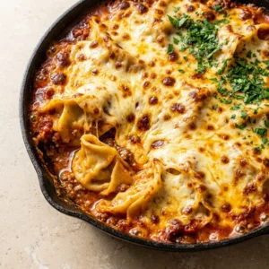 Top view dumpling lasagna in cast iron skillet