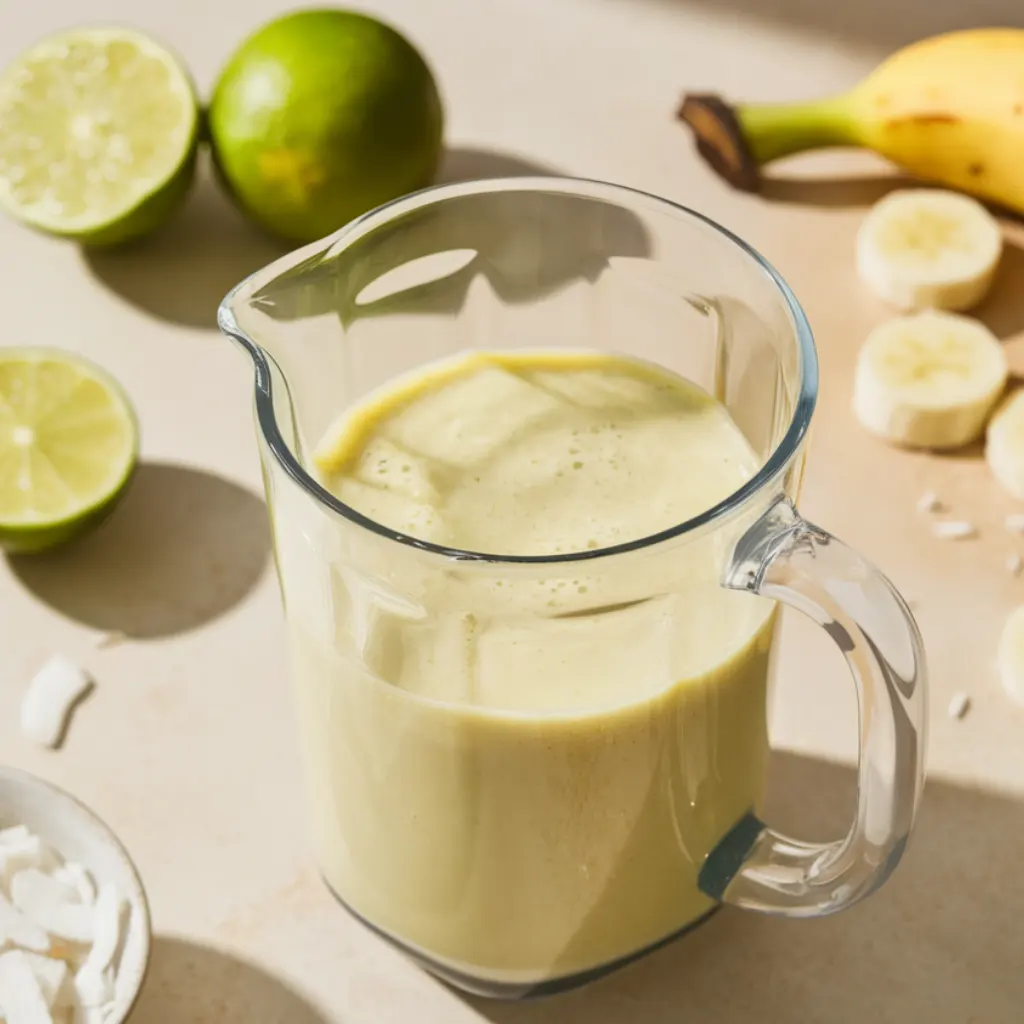 key-lime-smoothie-blending Creamy coconut key lime smoothie blending in clear pitcher.