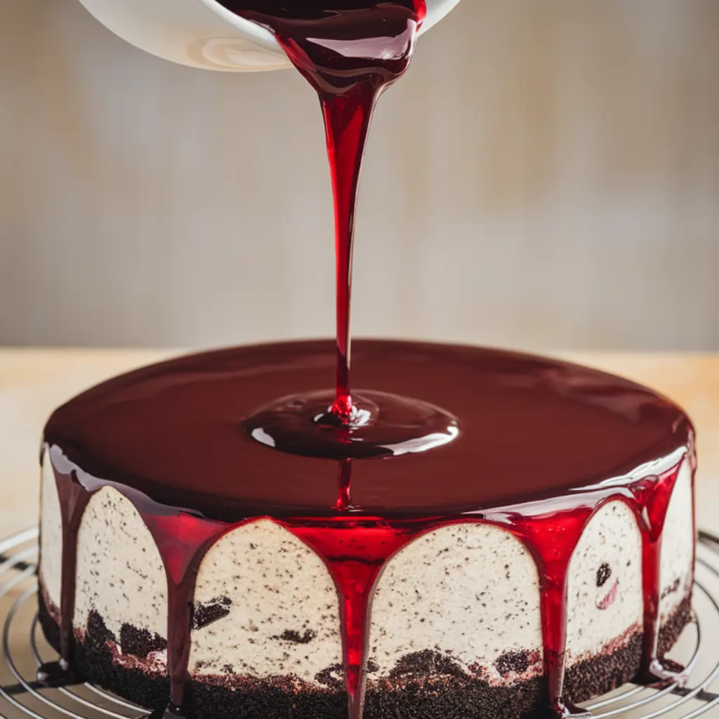 mirror-glaze-red-cheesecake Red mirror glaze over Oreo crust cheesecake.