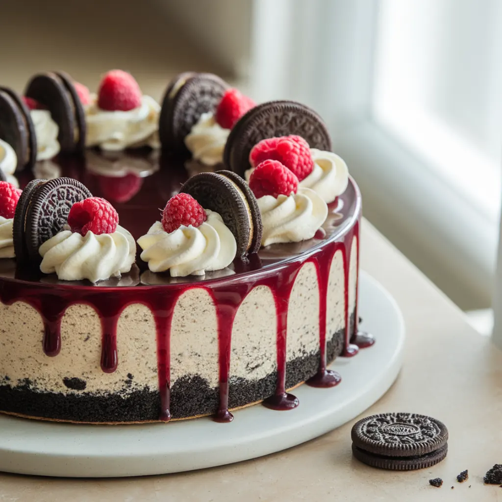 Close-up red velvet Oreo cheesecake with mirror glaze