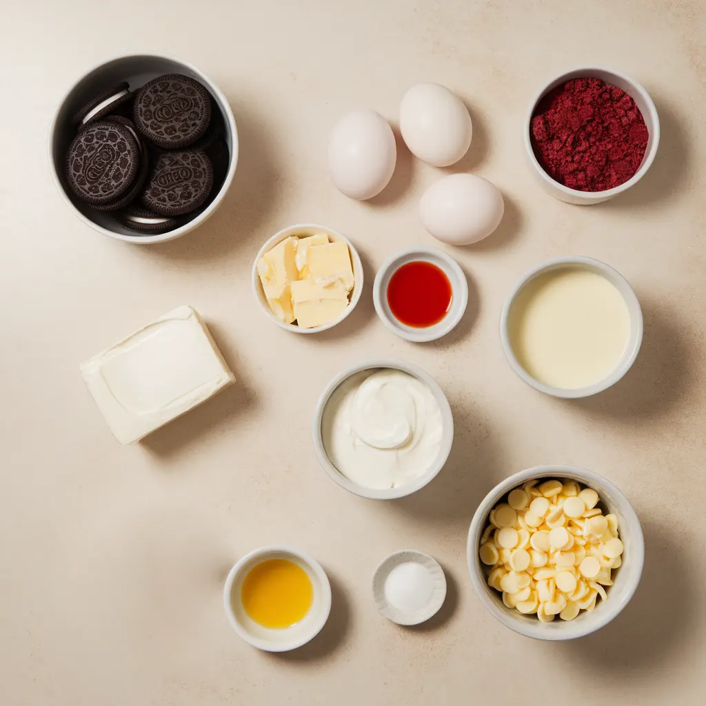 red-velvet-oreo-cheesecake-ingredients Ingredients for red velvet Oreo cheesecake