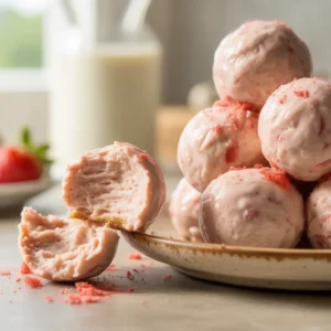 Close-up of strawberry cheesecake protein balls stacked on a plate with creamy pink filling visible