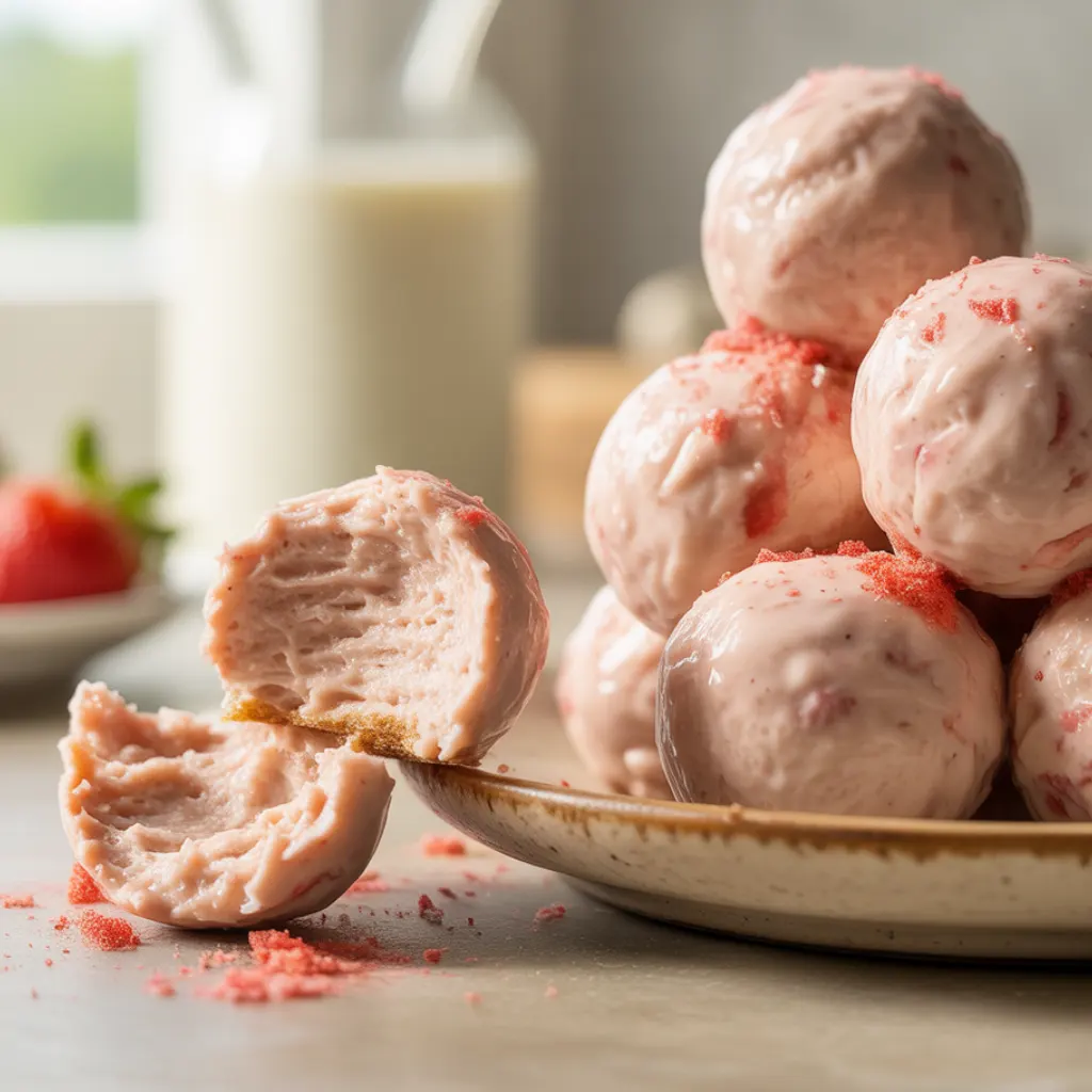 Close-up of strawberry cheesecake protein balls stacked on a plate with creamy pink filling visible