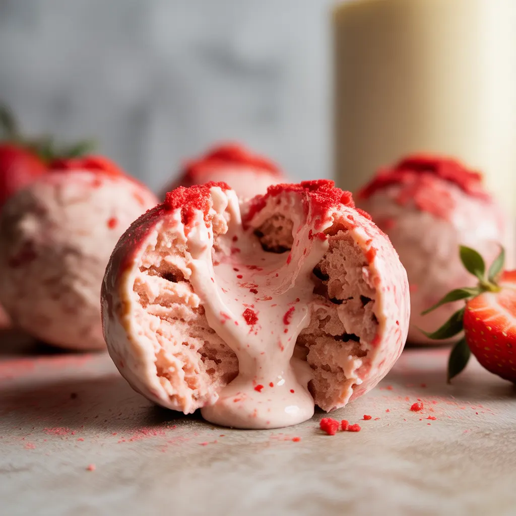 strawberry-cheesecake-protein-balls-macro Ultra close-up strawberry cheesecake protein ball split open showing creamy cheesecake center