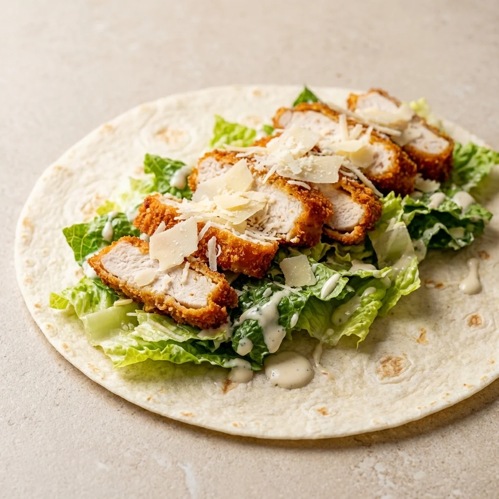 Assembling chicken caesar wrap with lettuce and chicken