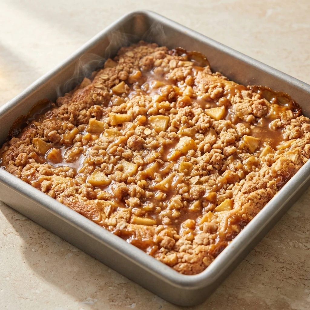 baked-caramel-apple-cheesecake-bars-golden-streusel-top freshly baked caramel apple cheesecake bars with golden oat streusel topping in pan homemade fall dessert