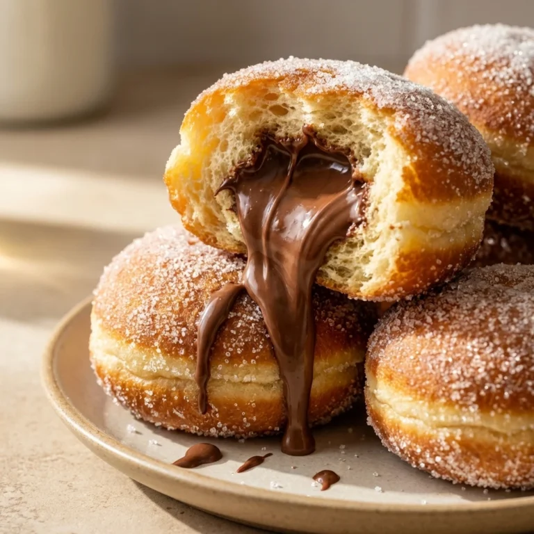 Baked Nutella bombs with gooey chocolate hazelnut filling inside soft brioche dough balls coated in sugar on a light beige kitchen counter