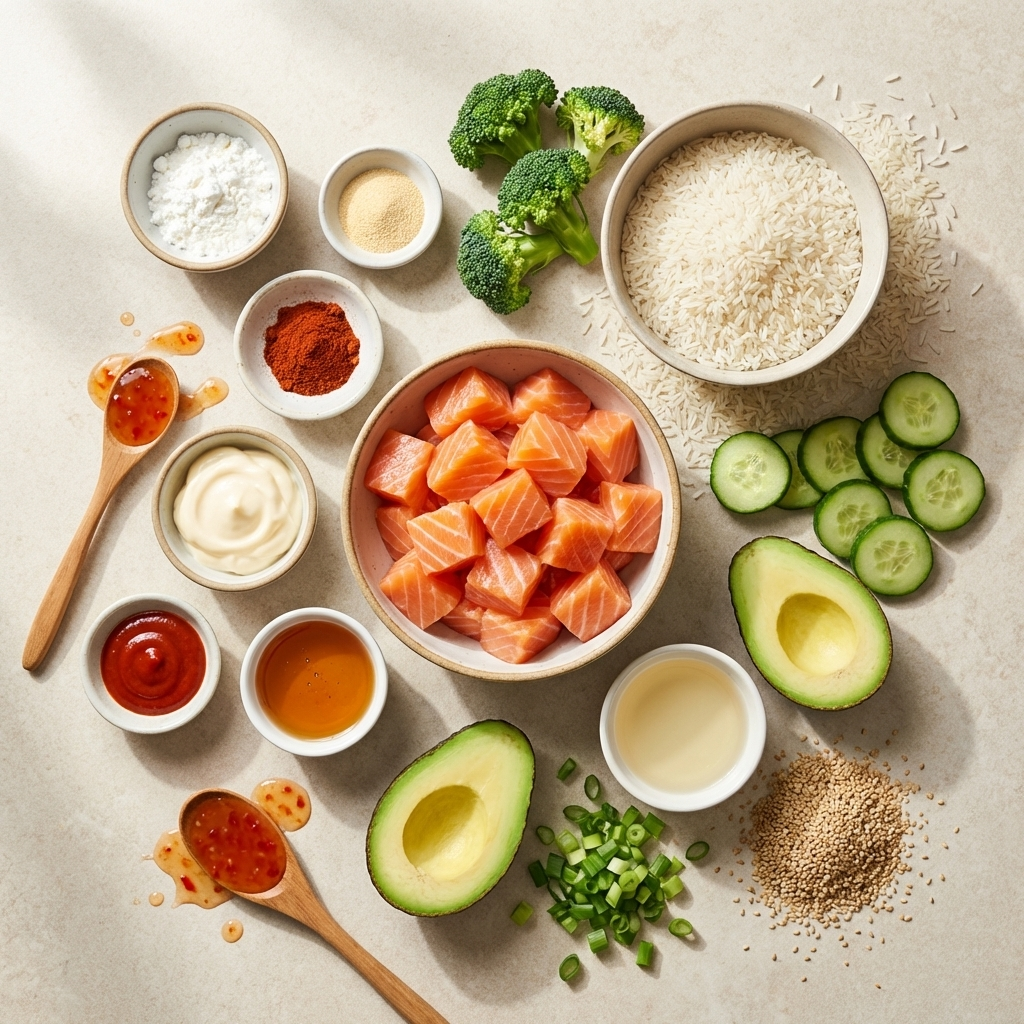 Ingredients for bang bang salmon bites bowl including fresh salmon, jasmine rice, avocado, cucumber, broccoli and sauce ingredients