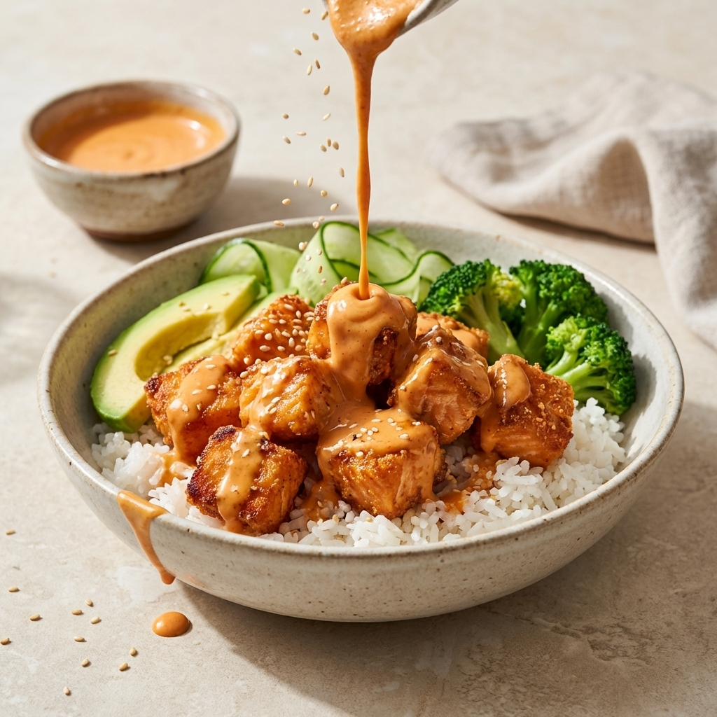 Bang bang salmon bites bowl recipe with crispy salmon, rice, avocado, cucumber, broccoli and creamy spicy sauce