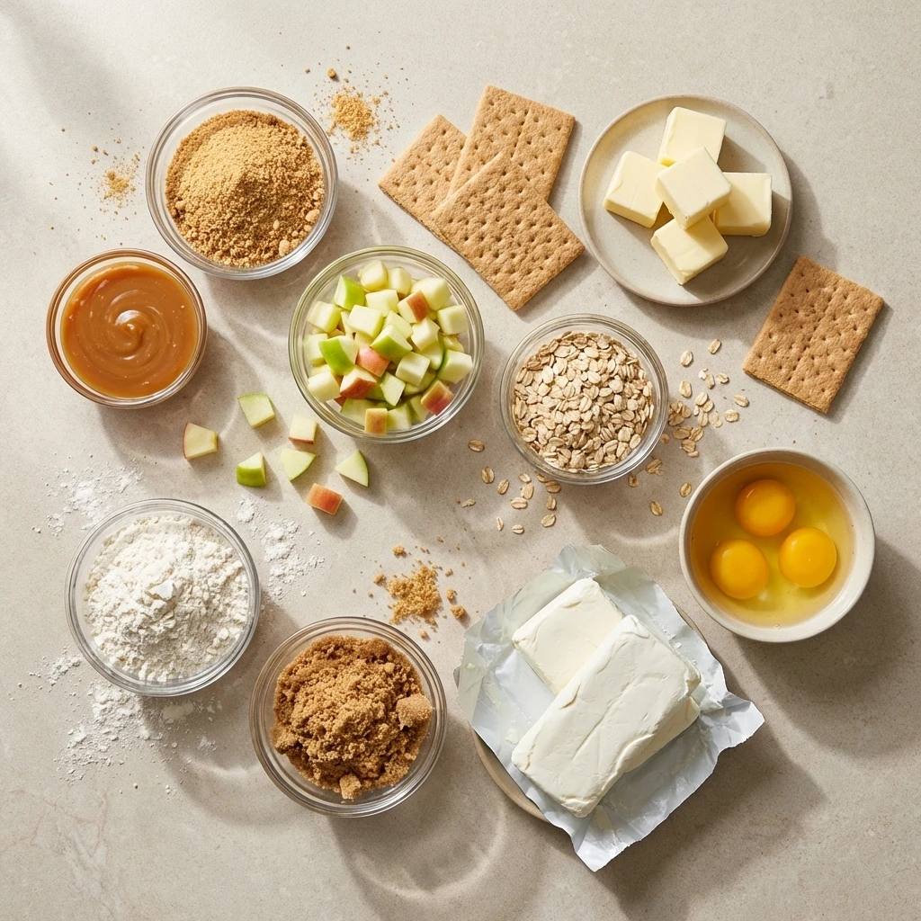 caramel-apple-cheesecake-bars-ingredients-apples ingredients for caramel apple cheesecake bars including fresh apples cream cheese graham crackers oats brown sugar butter and caramel sauce for fall baking
