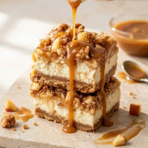 caramel apple cheesecake bars with graham cracker crust creamy cheesecake filling baked apples oat streusel topping and caramel drizzle easy fall dessert recipe