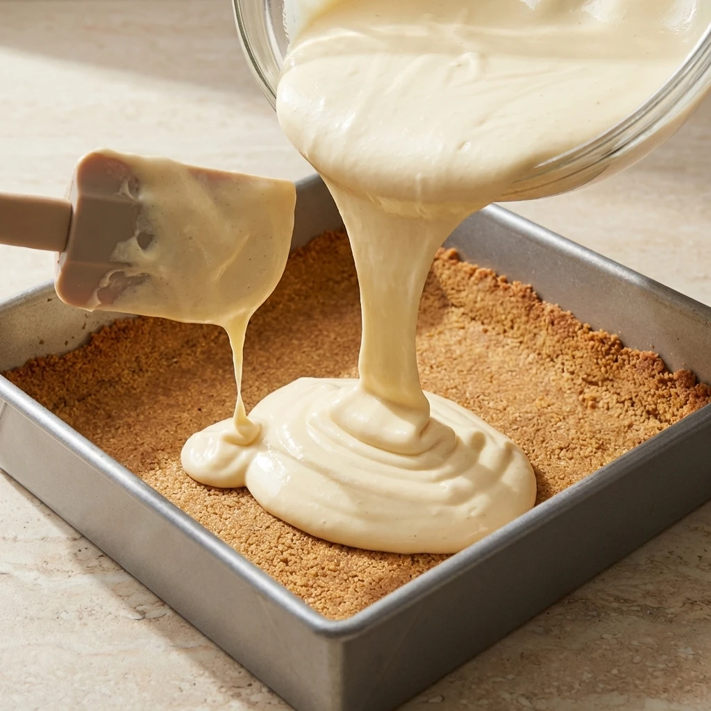 cheesecake-batter-pouring-over-crust-creamy-filling-step smooth cheesecake batter being poured over graham cracker crust creamy filling for caramel apple cheesecake bars recipe