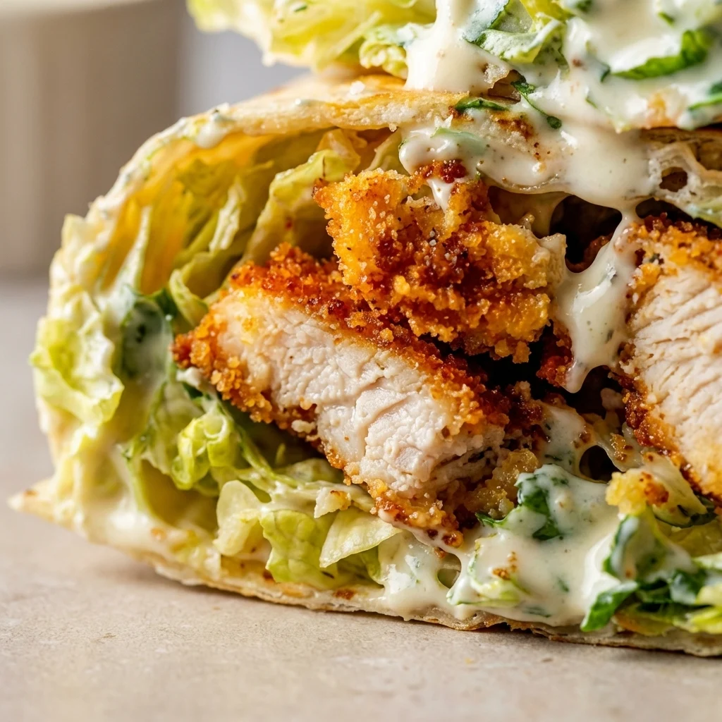 Close up of crispy chicken caesar wrap texture