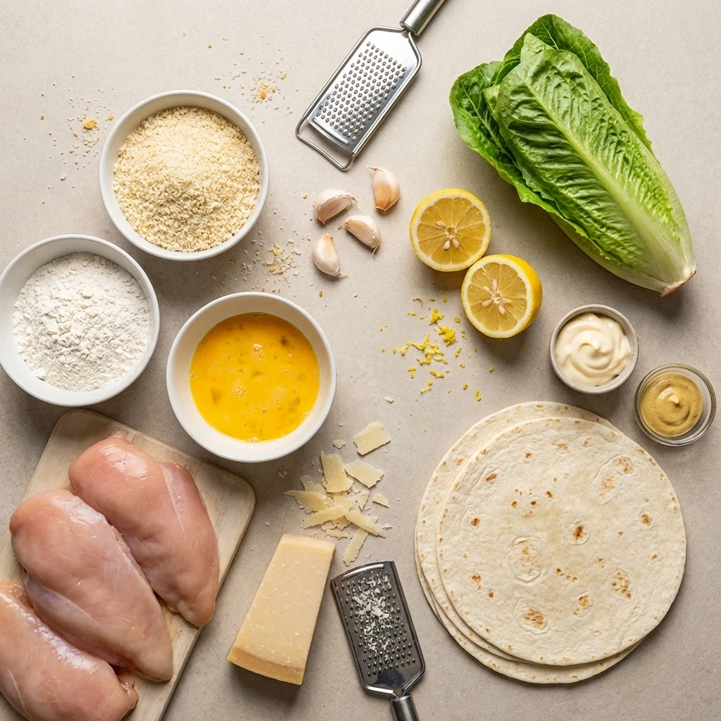 Chicken caesar wrap ingredients with romaine and parmesan