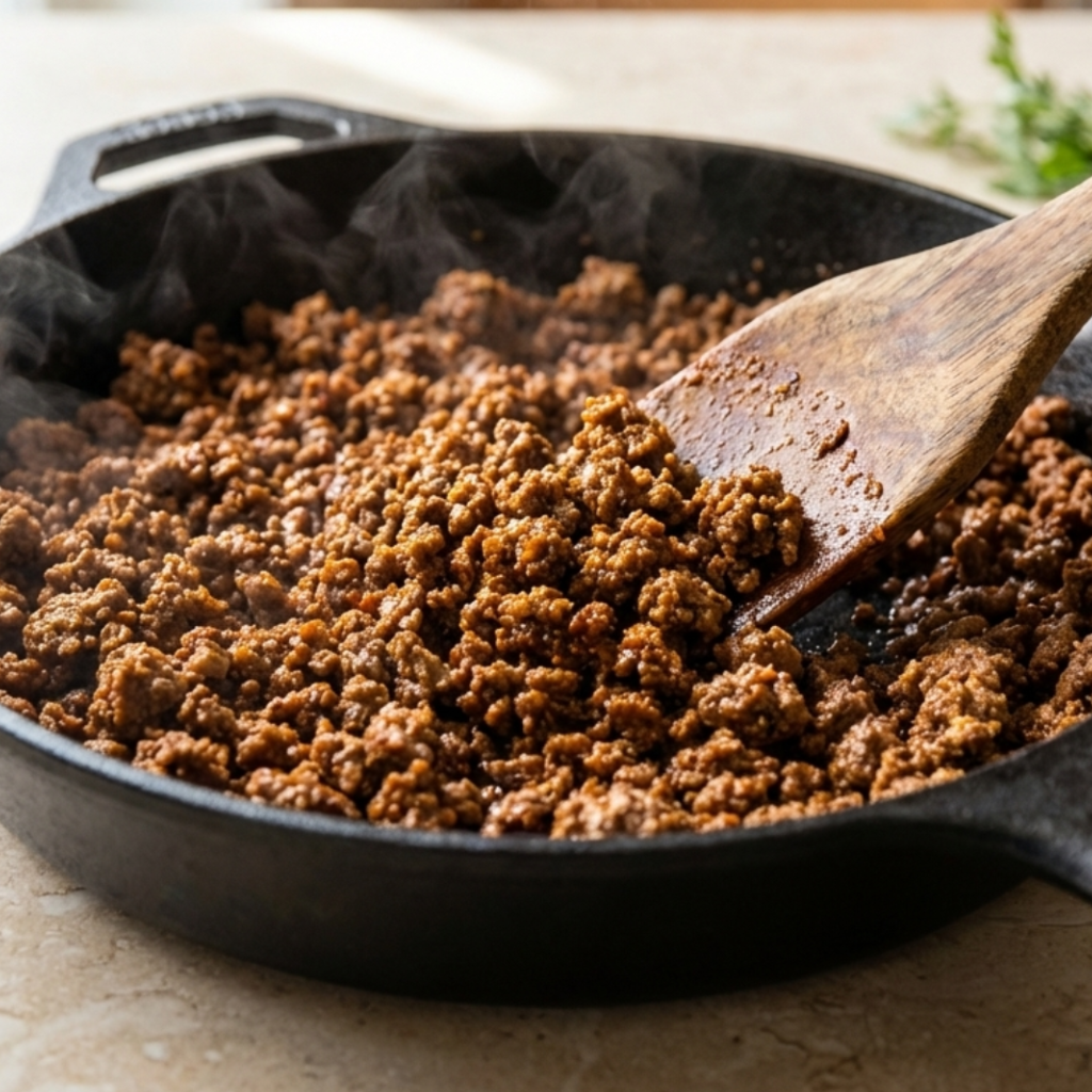 cooking-ground-beef-for-keto-crunchwrap-taco-seasoned-beef Cooking seasoned ground beef in skillet for keto crunchwrap recipe, easy low carb taco meat filling