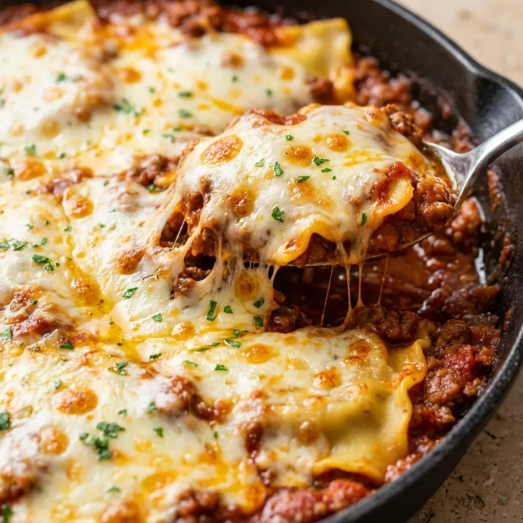 dumpling-lasagna-cast-iron-cheese-pull Dumpling lasagna with dramatic mozzarella cheese pull