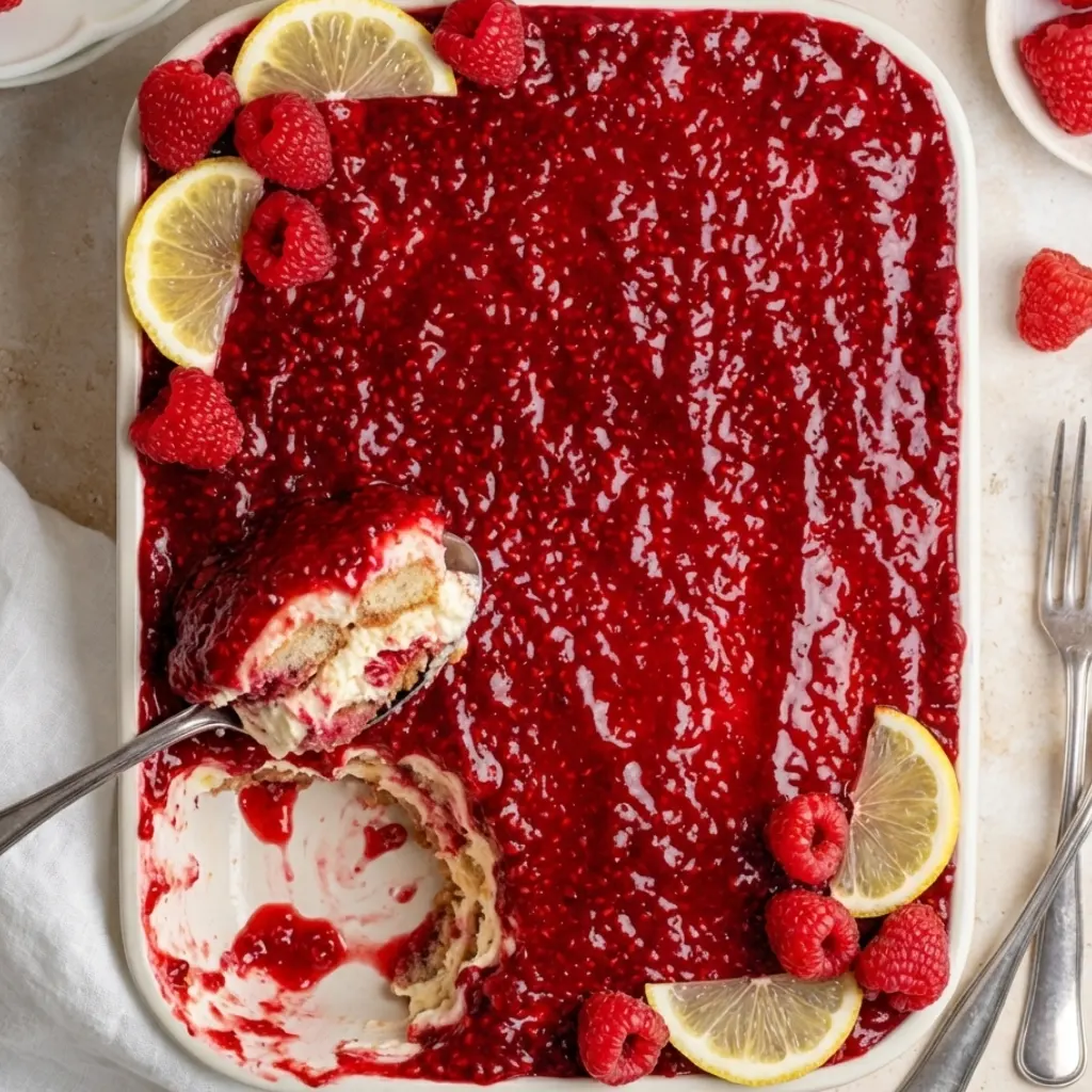 Fresh raspberry tiramisu recipe with mascarpone cream layers and glossy raspberry topping