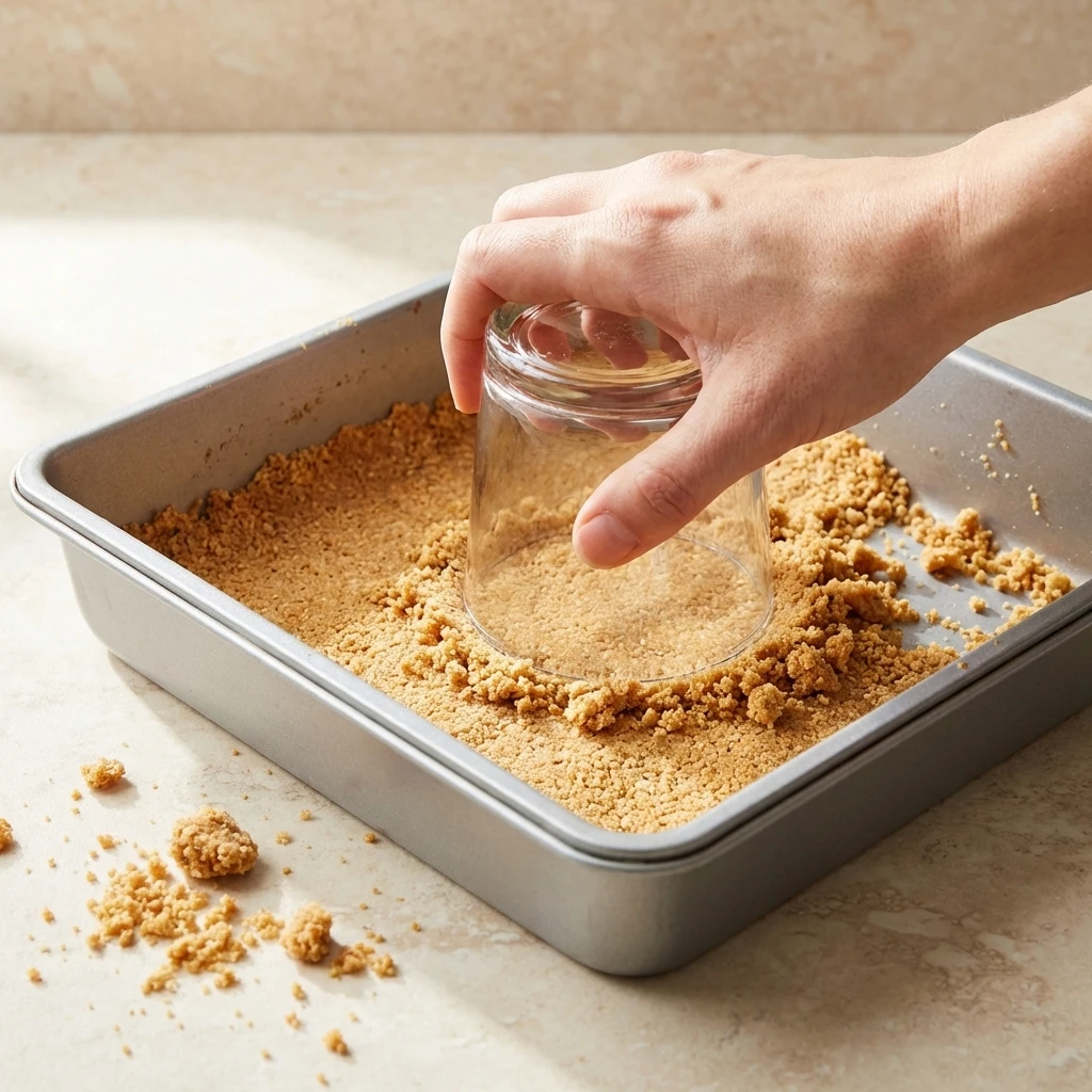 graham-cracker-crust-cheesecake-bars-pressing-crust-step pressing graham cracker crust into baking pan for cheesecake bars buttery crust base easy homemade dessert step