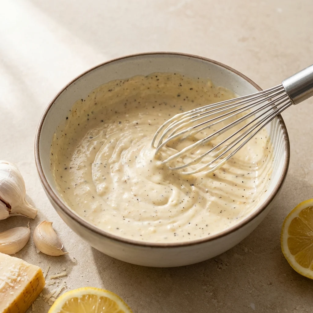 Creamy homemade caesar dressing with garlic and parmesan