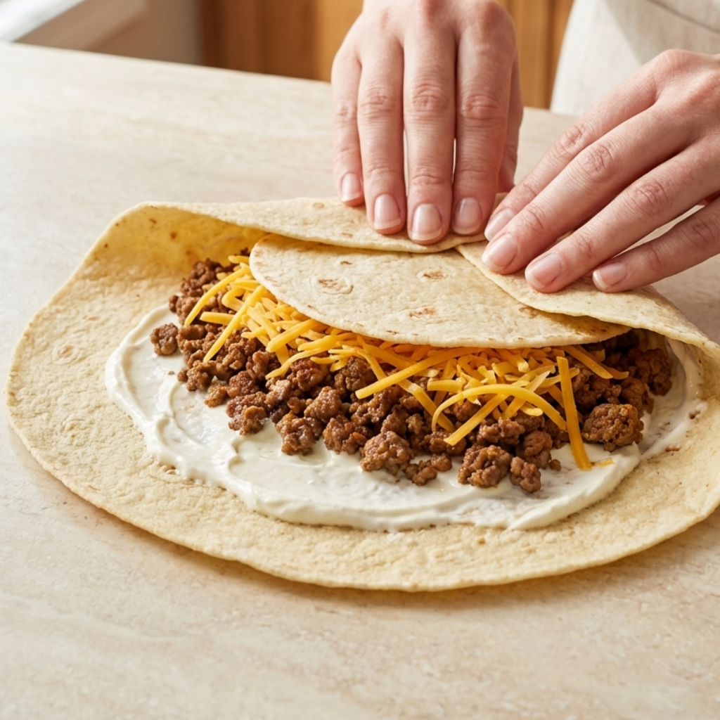 how-to-assemble-keto-crunchwrap-folding-low-carb-tortilla Assembling keto crunchwraps with ground beef, cheese, and low carb tortilla, step by step folding crunchwrap