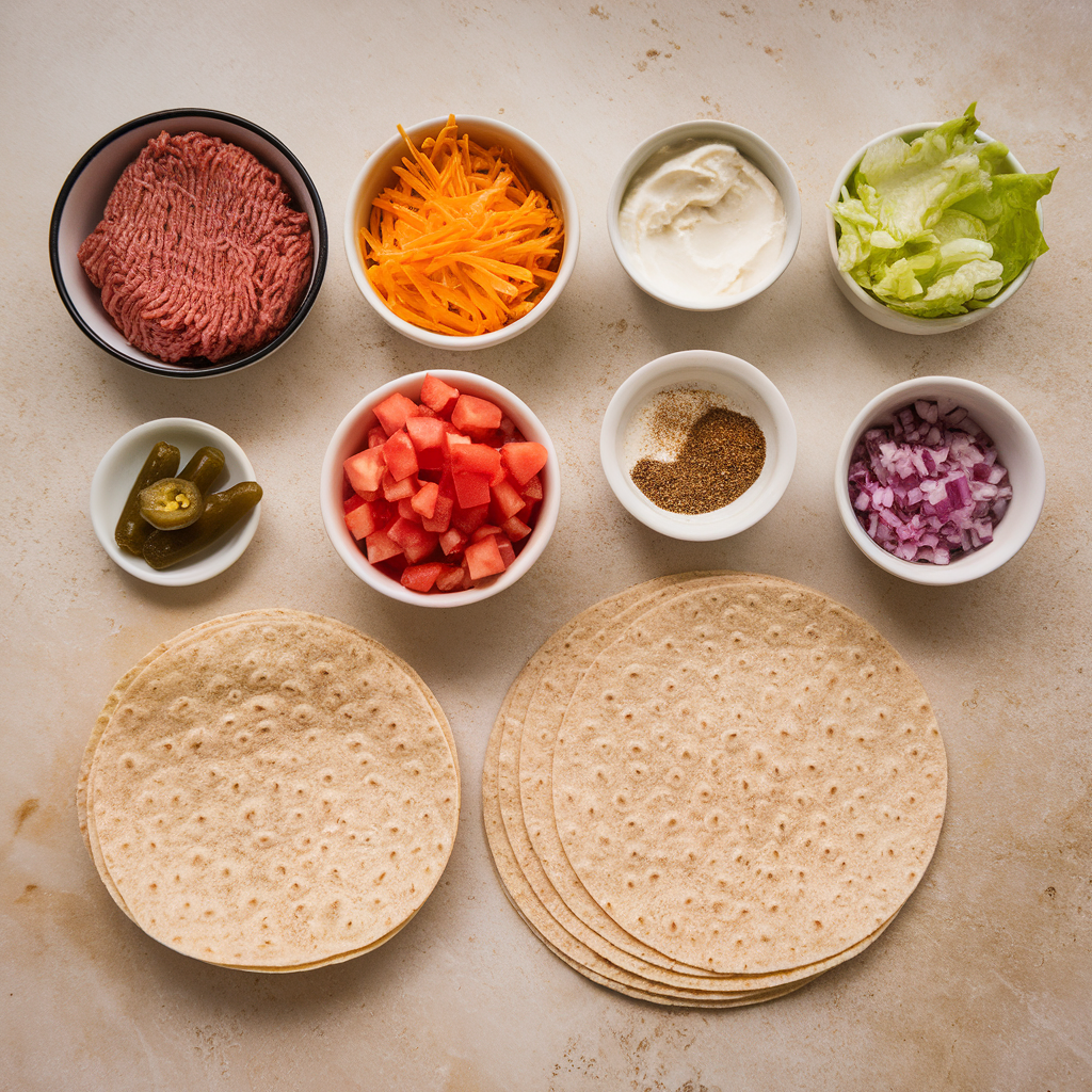 keto-crunchwrap-ingredients-low-carb-tortilla-ground-beef-cheese Keto crunchwrap ingredients including ground beef, low carb tortillas, cheddar cheese, cream cheese, sour cream, lettuce, tomato, and taco seasoning