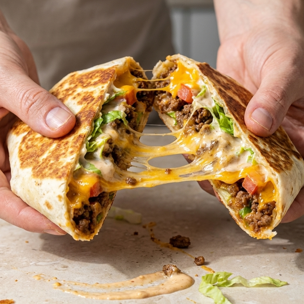 Keto crunchwraps recipe with melted cheddar cheese, seasoned ground beef, and low carb tortilla, crispy homemade crunchwrap easy keto dinner