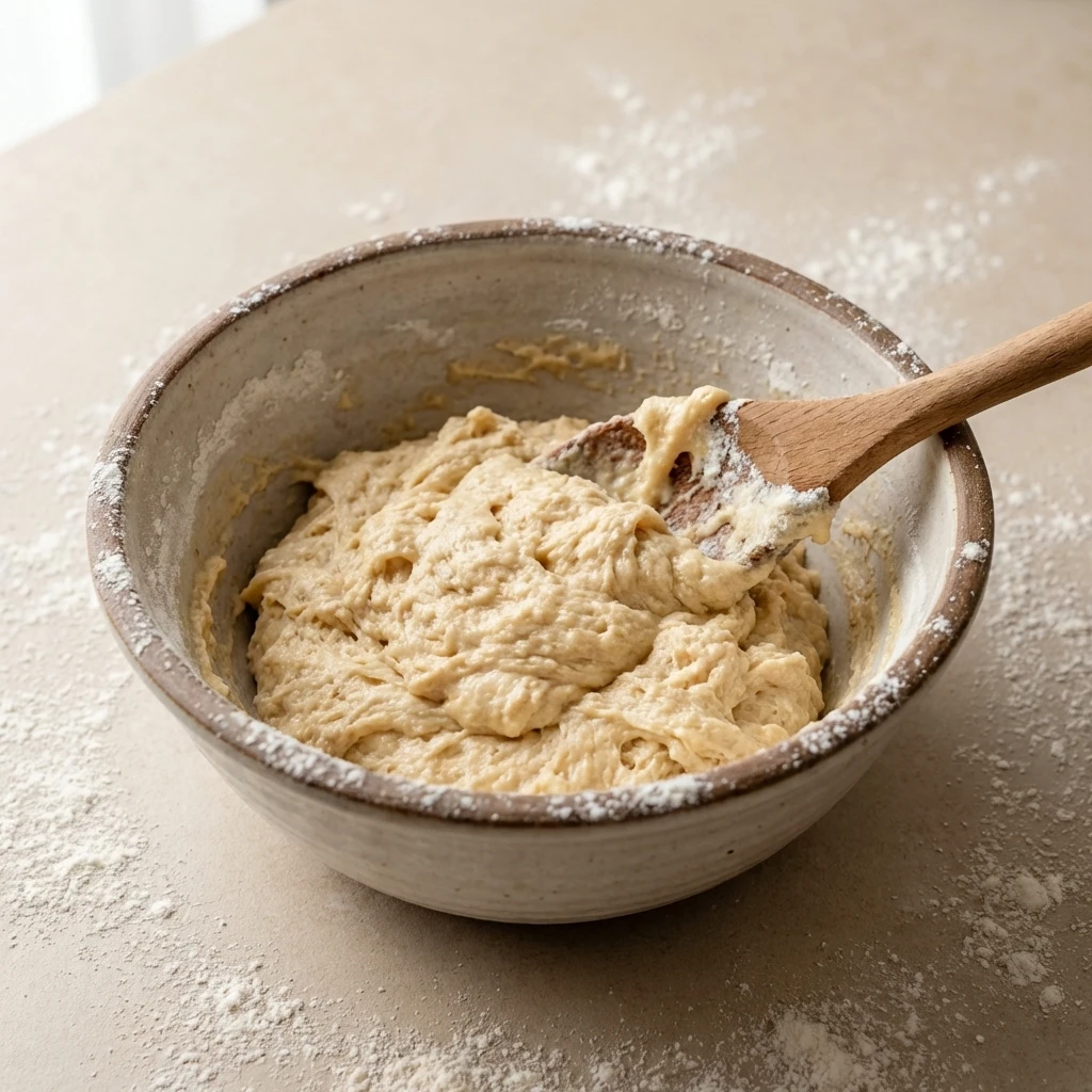 nutella-bombs-dough-mixing-soft-yeast-dough-process Mixing soft enriched yeast dough for baked Nutella bombs in a bowl with flour and wooden spoon.