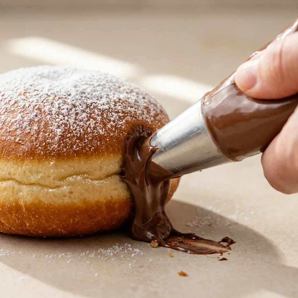nutella-bombs-filling-chocolate-piping-gooey-center Piping chocolate hazelnut filling into baked Nutella bombs creating a gooey molten center