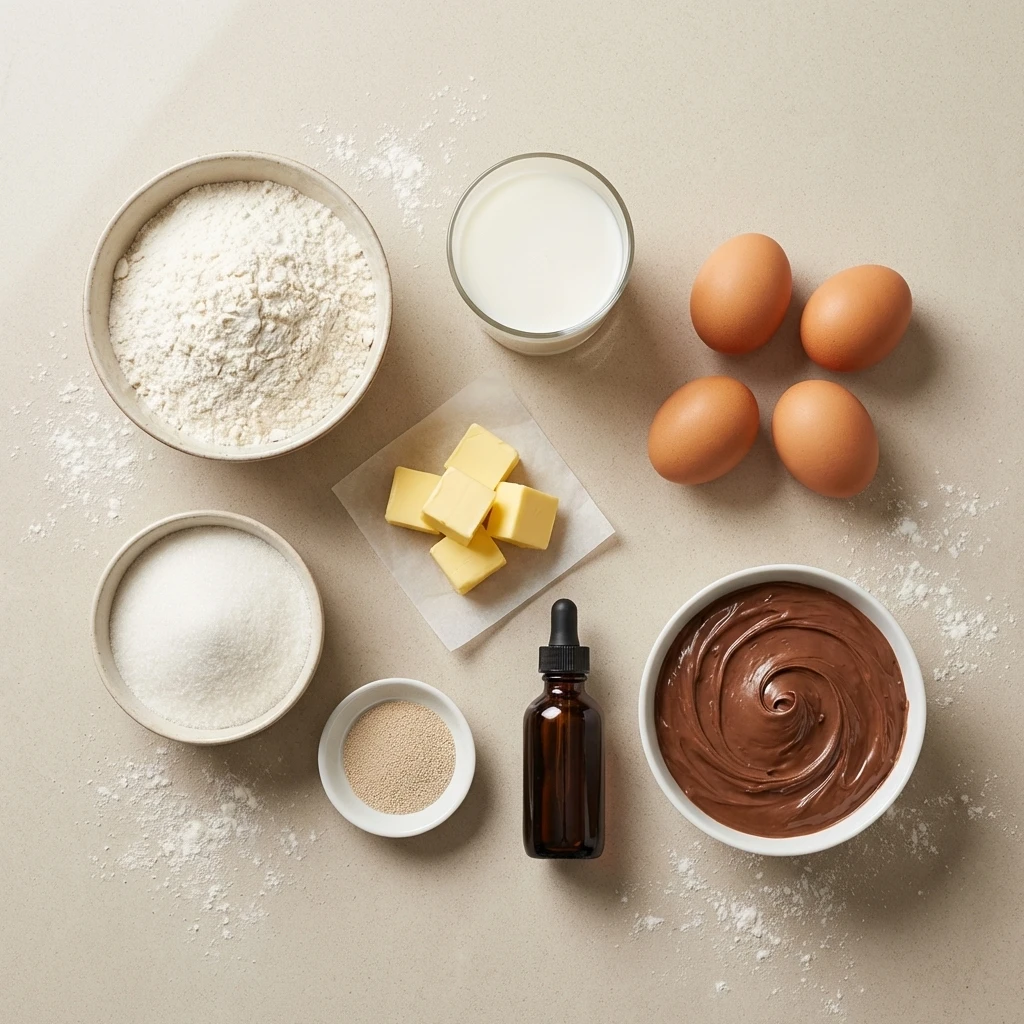 nutella-bombs-ingredients-flour-yeast-milk-eggs-butter Ingredients for baked Nutella bombs including flour yeast milk eggs butter sugar and chocolate spread.