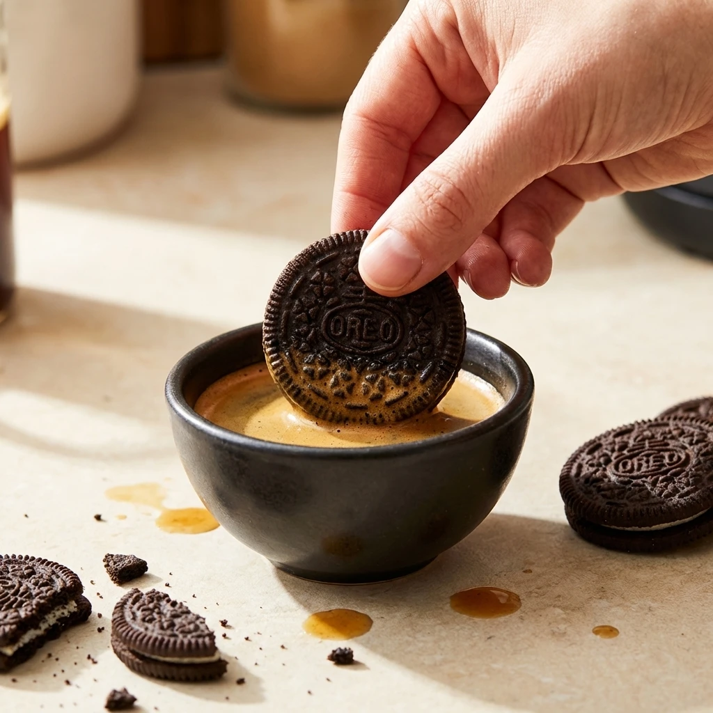 oreo-dipped-in-espresso-vegan-tiramisu-step Oreo cookie dipped in espresso for vegan tiramisu recipe showing coffee soaking process
