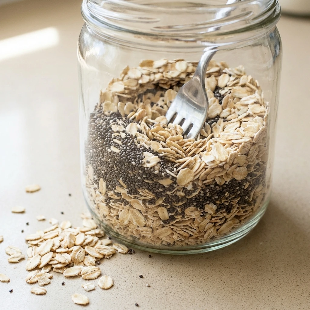 overnight-oats-rolled-oats-chia-mix rolled oats and chia seeds in jar