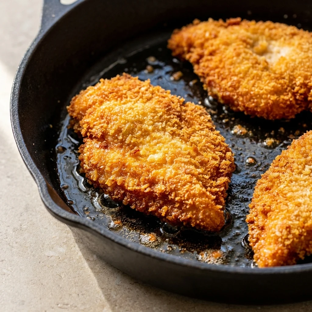 Crispy chicken cutlets frying in skillet