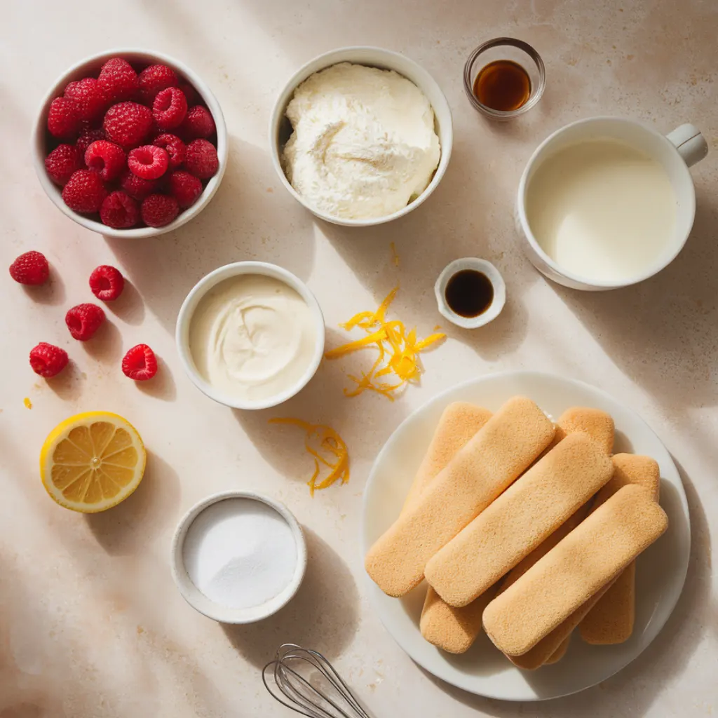 Ingredients for raspberry tiramisu recipe including mascarpone raspberries ladyfingers and lemon