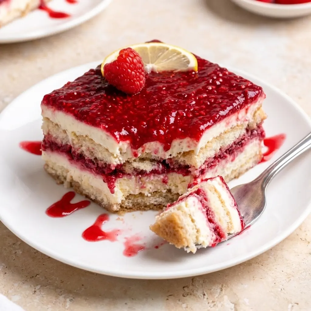 Slice of fresh raspberry tiramisu showing creamy mascarpone layers and raspberry topping