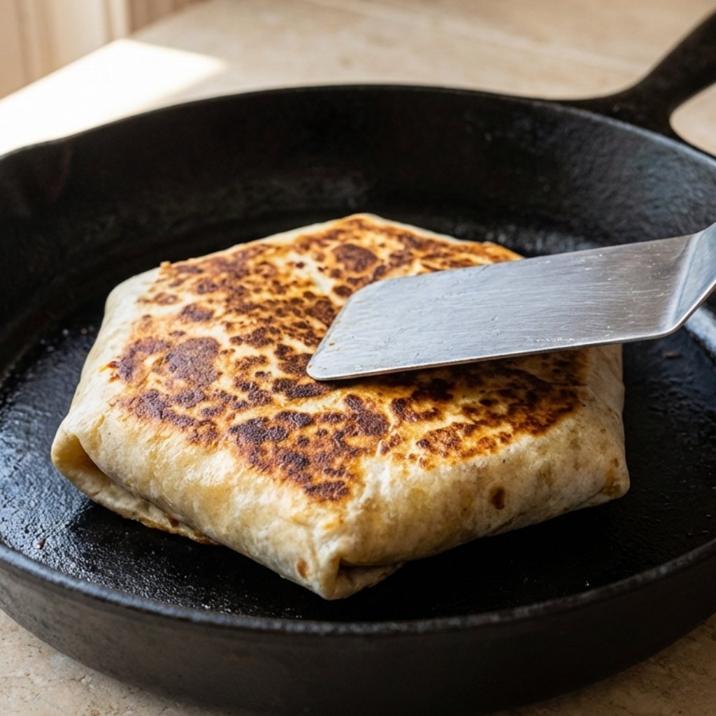 toasting-keto-crunchwrap-in-skillet-crispy-low-carb-wrap Toasting keto crunchwrap in skillet until golden brown and crispy, low carb crunchwrap cooking process