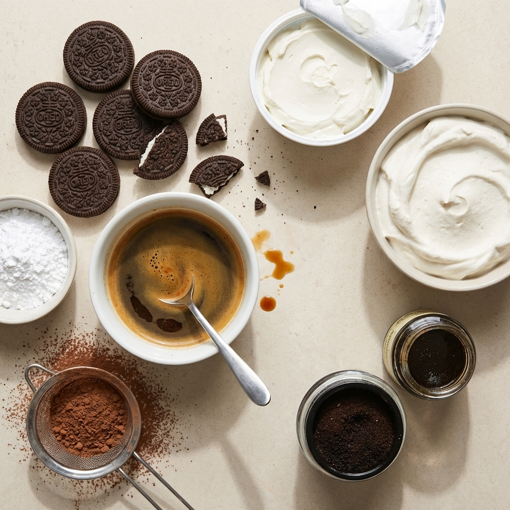 vegan-oreo-tiramisu-ingredients-espresso-cream Easy Vegan Oreo Tiramisu ingredients including chocolate sandwich cookies espresso vegan cream cheese whipping cream cocoa powder