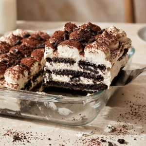 Easy Vegan Oreo Tiramisu layered dessert with creamy filling cocoa powder topping and coffee soaked cookies in glass dish