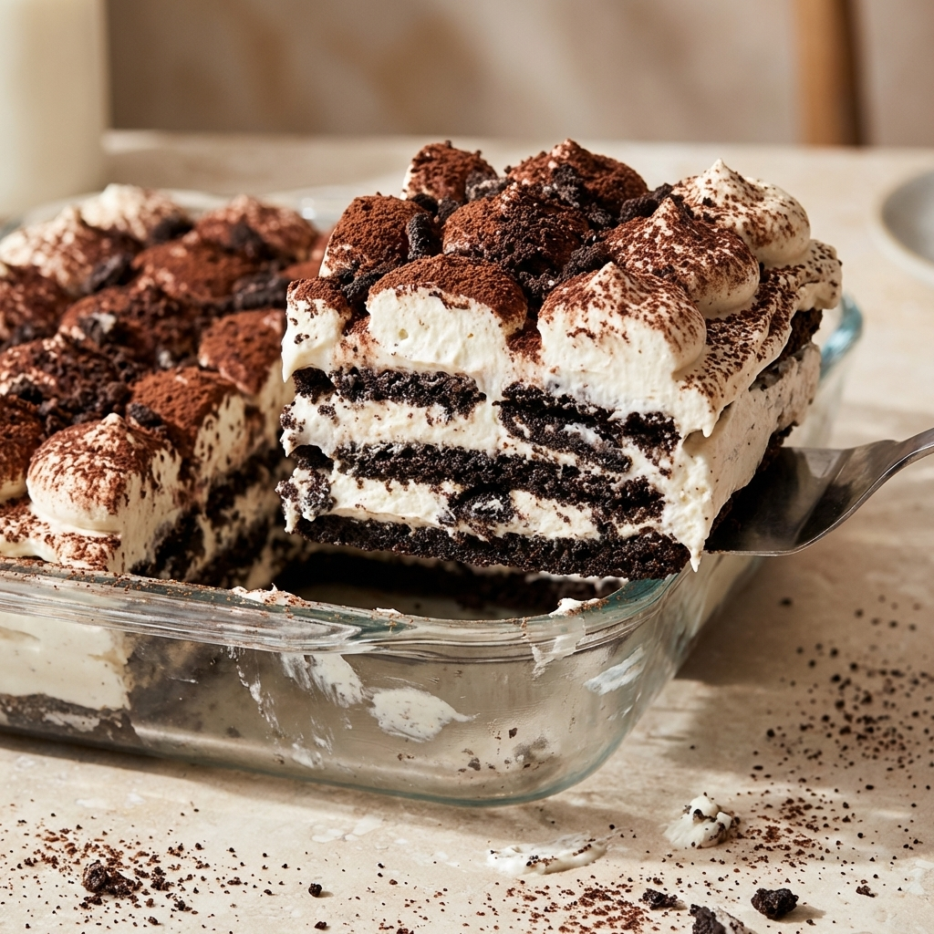 Easy Vegan Oreo Tiramisu layered dessert with creamy filling cocoa powder topping and coffee soaked cookies in glass dish