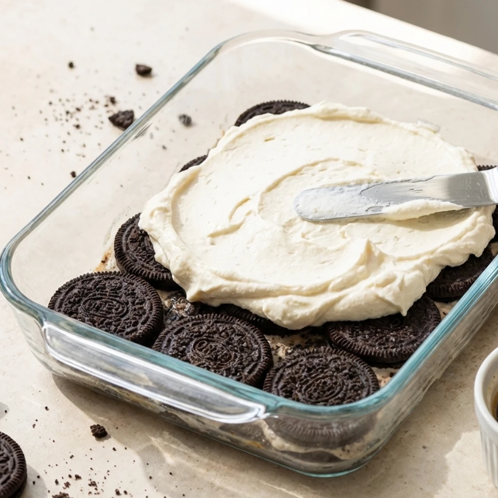 vegan-oreo-tiramisu-layering-process layering vegan Oreo tiramisu with coffee soaked cookies and cream in glass dish step by step